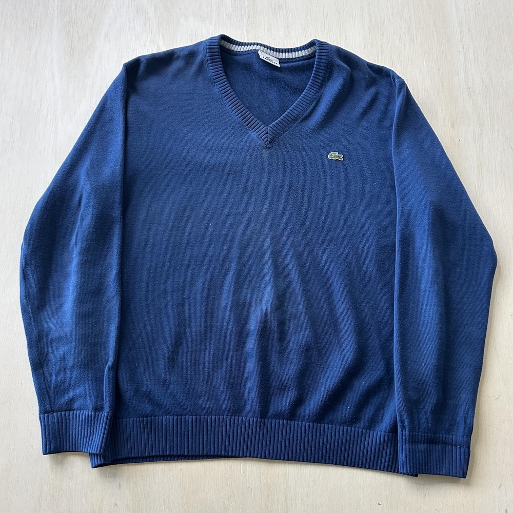 Lacoste Sweater Mens XL Blue V Neck Tight Knit Logo Pullover‎ Long Sleeve
